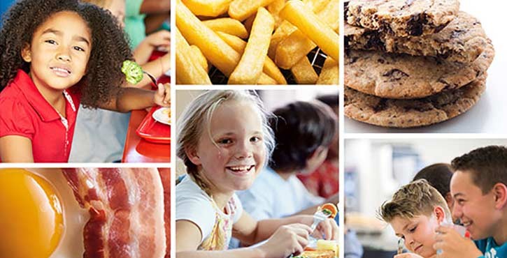 A collage of food images featuring children enjoying meals, along with pictures of fries, cookies, an egg, and bacon.