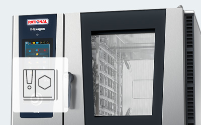 Front view of RATIONAL iHexagon combi oven featuring a touchscreen.