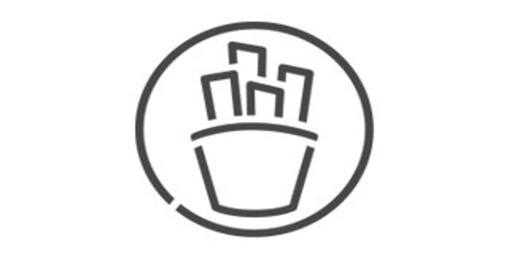 Icône minimaliste de frites dans un récipient, entourée d’un cercle avec une petite ouverture en bas.