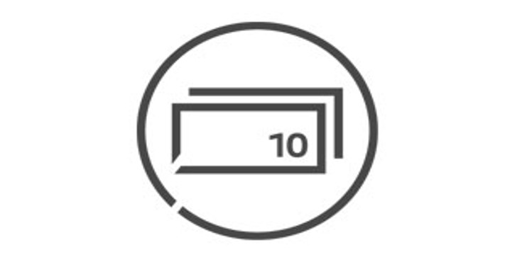Icône minimaliste de billets avec le chiffre 10, entourée d’un cercle avec une ouverture en bas.