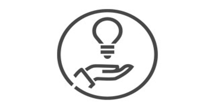 Icône minimaliste d’une main tenant une ampoule, entourée d’un cercle avec une ouverture en bas.