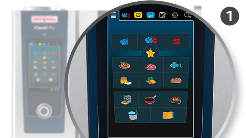 RATIONAL iCombi Pro buharlı kombi fırının pişirme programları için sembollerle birlikte dokunmatik ekranının yakından görünümü.
