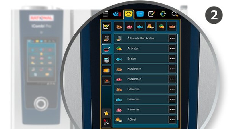 RATIONAL iCombi Pro buharlı kombi fırının pişirme programları için sembollerle birlikte dokunmatik ekranının yakından görünümü.