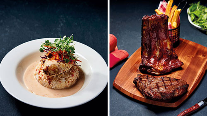 Left: A plate with crab cake topped with herbs and sauce. Right: A wooden platter with a grilled steak, a rack of ribs, fries, and a side salad.