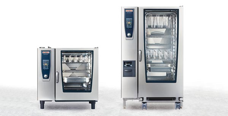 Two SelfCookingCenter combi-steamers of different sizes with accessories.