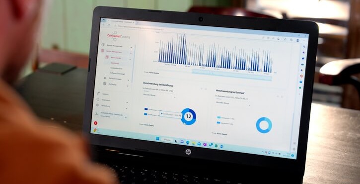 A person viewing a data dashboard on a laptop showing graphs and charts.
