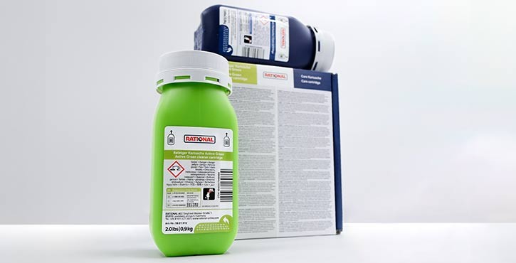 Rational cleaning agent bottles in green and blue.