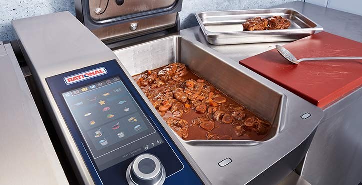 Rational iVario Pro with a braised dish in the cooking pan.