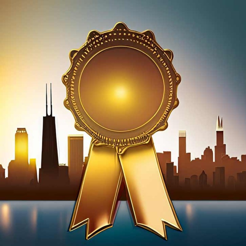 Gold medal with ribbon in front of a silhouette of the Chicago skyline at sunset.