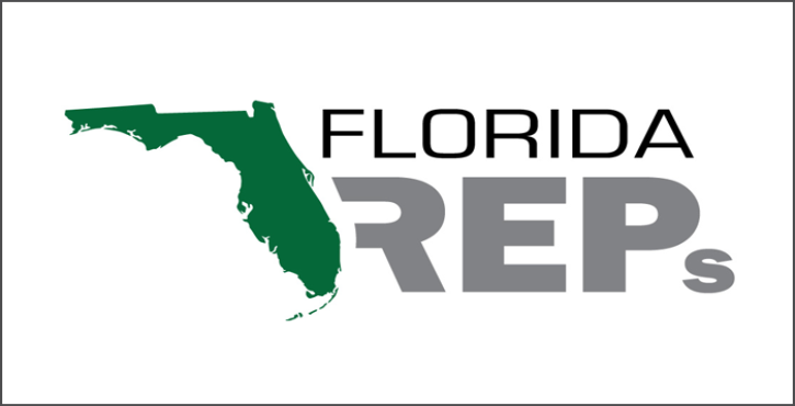 Logo que presenta un mapa verde de Florida con "Florida REPs" en texto negro y verde a la derecha.