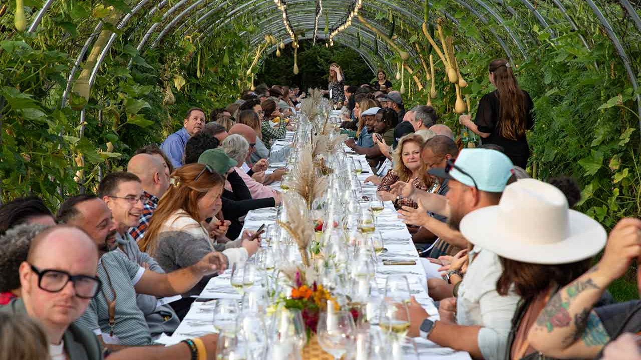 A long dining table filled with guests enjoying a meal in a greenhouse surrounded by plants.