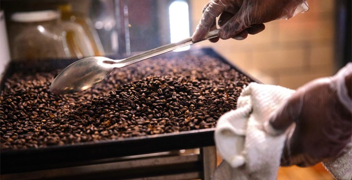 A close-up of a hand using a metal spoon to scoop freshly roasted coffee beans from a tray, with a towel in the other hand.