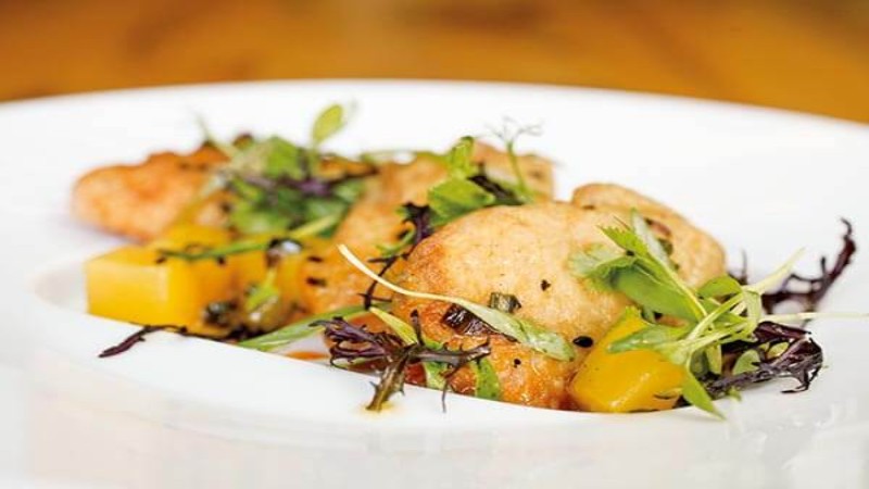 A gourmet dish featuring seared scallops, mixed greens, and diced mango served on a white plate.