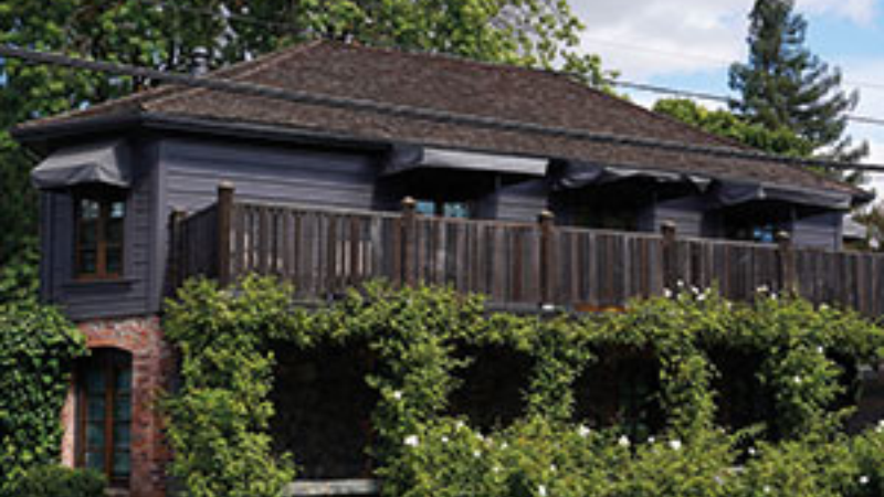 A charming brown house with a second-floor balcony surrounded by lush green climbing plants, located under a sky with scattered clouds.