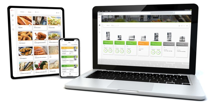 A laptop and mobile devices that display the ConnectedCooking user interface.