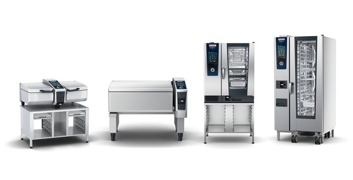 Four different Rational kitchen appliances lined up.