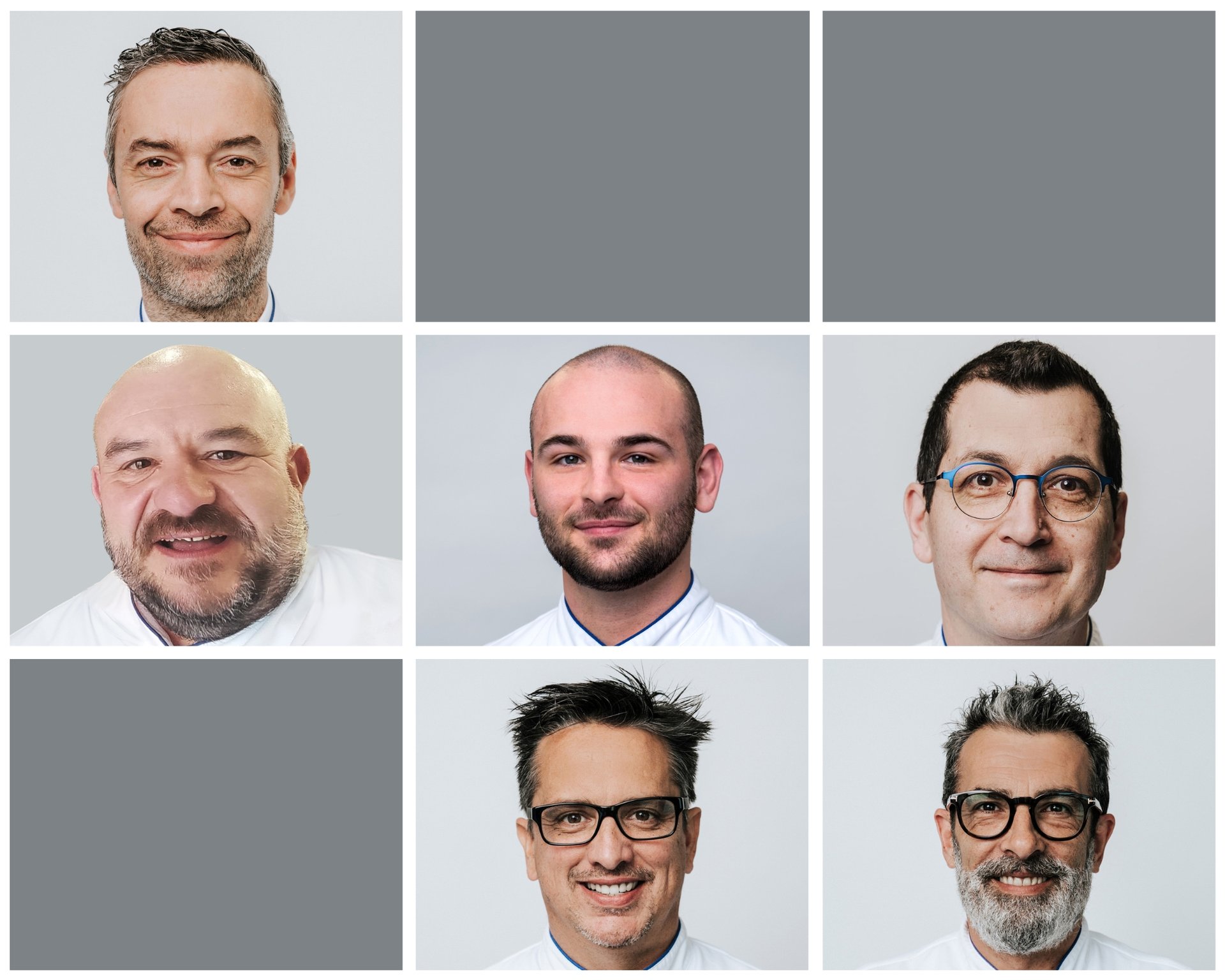 Grille de portraits : plusieurs formateurs souriants en blouses blanches sur fond gris clair, cadrage poitrine, hommes de différents âges, expression chaleureuse.
