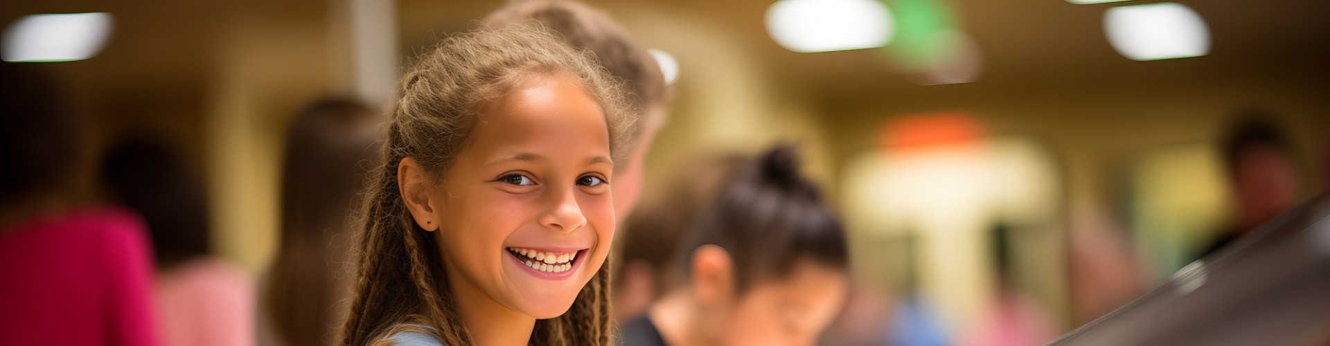 Smiling girl choosing food at a school cafeteria salad bar.