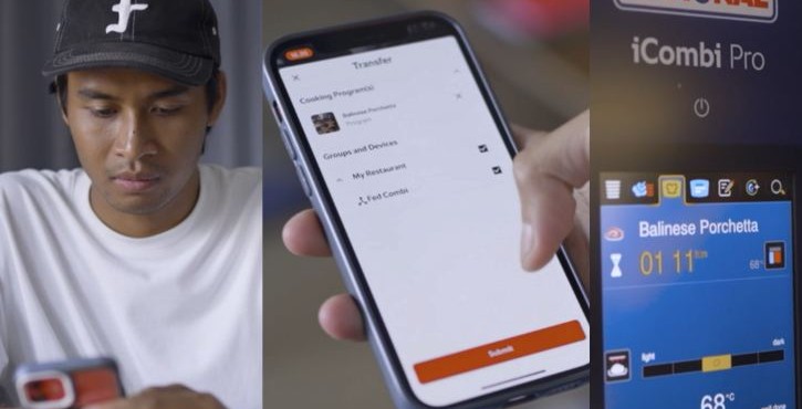 Chef using smartphone app to control RATIONAL iCombi Pro combi oven remotely.