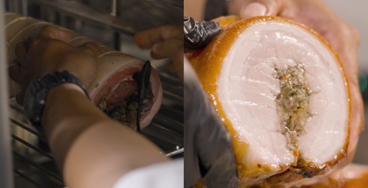 Stuffed pork belly roll being placed in oven and sliced to show herb filling.