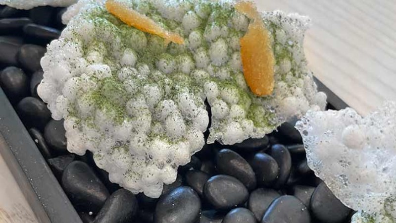 Piatto creativo di mare con spuma leggera, agrumi ed erbe aromatiche su pietre nere decorative.
