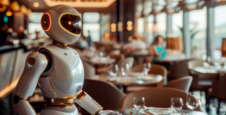 Robot serveur futuriste dans un restaurant moderne haut de gamme.