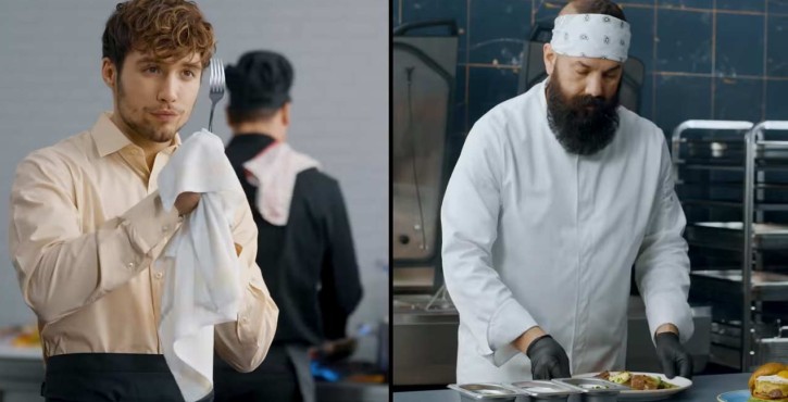 A split image featuring a young man holding a fork and a towel on the left, and a bearded chef plating food on the right in a kitchen.