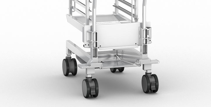 Mobile oven rack standard trolley with leveling device on wheels.