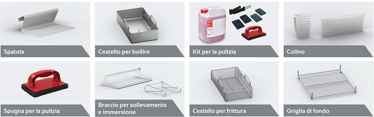 Assorted kitchen accessories including a spatula, boiling basket, cleaning kit, and more.