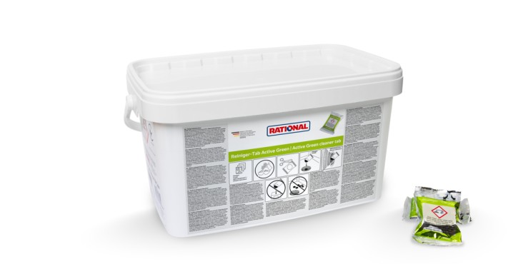 RATIONAL Active Green cleaner tabs in a white storage tub with individually wrapped tabs beside it.