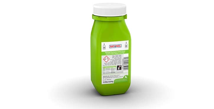 Cartuccia verde di pulizia RATIONAL per forno professionale iCombi Pro, in posizione verticale con etichetta.