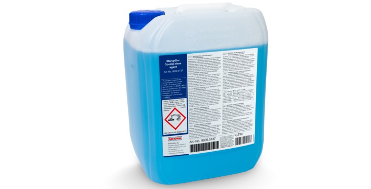 RATIONAL special rinse agent in a blue liquid container with screw cap.