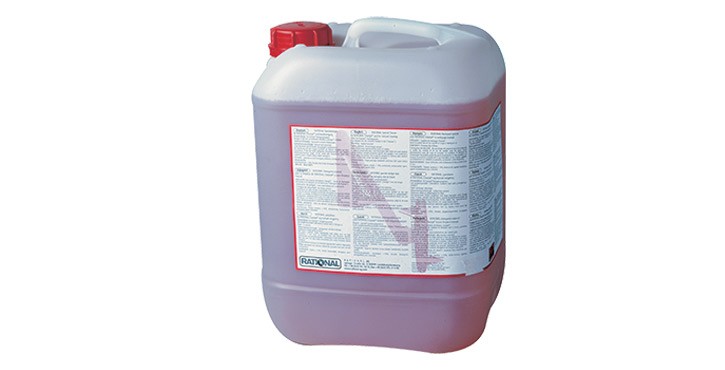 Container of grill cleaner with safety label and red cap.