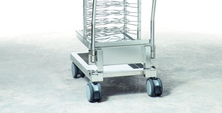  A stainless steel plate rack on wheels, designed for easy transportation and storage in commercial kitchens.