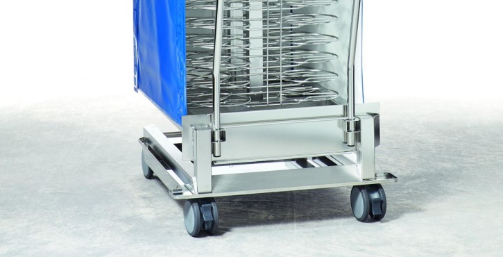 A stainless steel plate rack on wheels with a blue thermal cover, designed for transporting and storing plates in commercial kitchens.