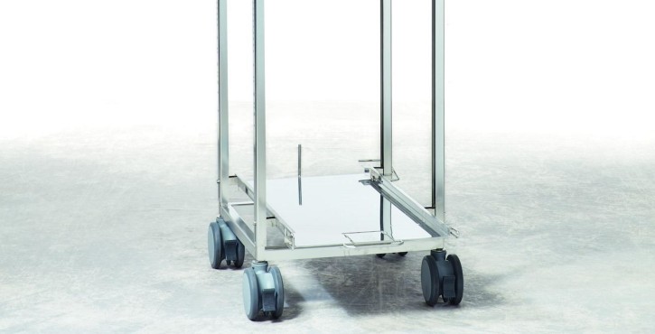A stainless steel transport trolley with an adjustable plate rack, designed for easy mobility in commercial kitchens.