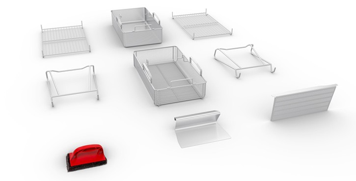 Various metal cooking baskets and trays arranged on a white background, with a red cleaning tool in the foreground.