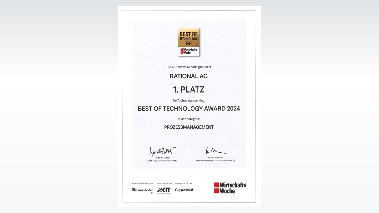 RATIONAL AGが2024年Best of Technology賞のプロセスマネジメント部門で1位を獲得した証明書。