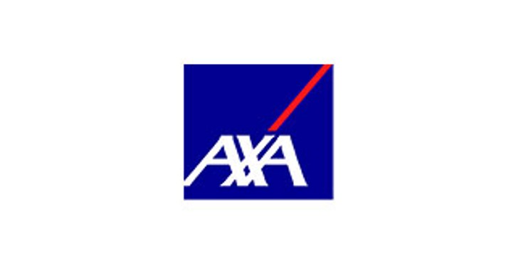 AXA Logo mit weißen Buchstaben auf blauem Hintergrund und rotem Schrägstrich.