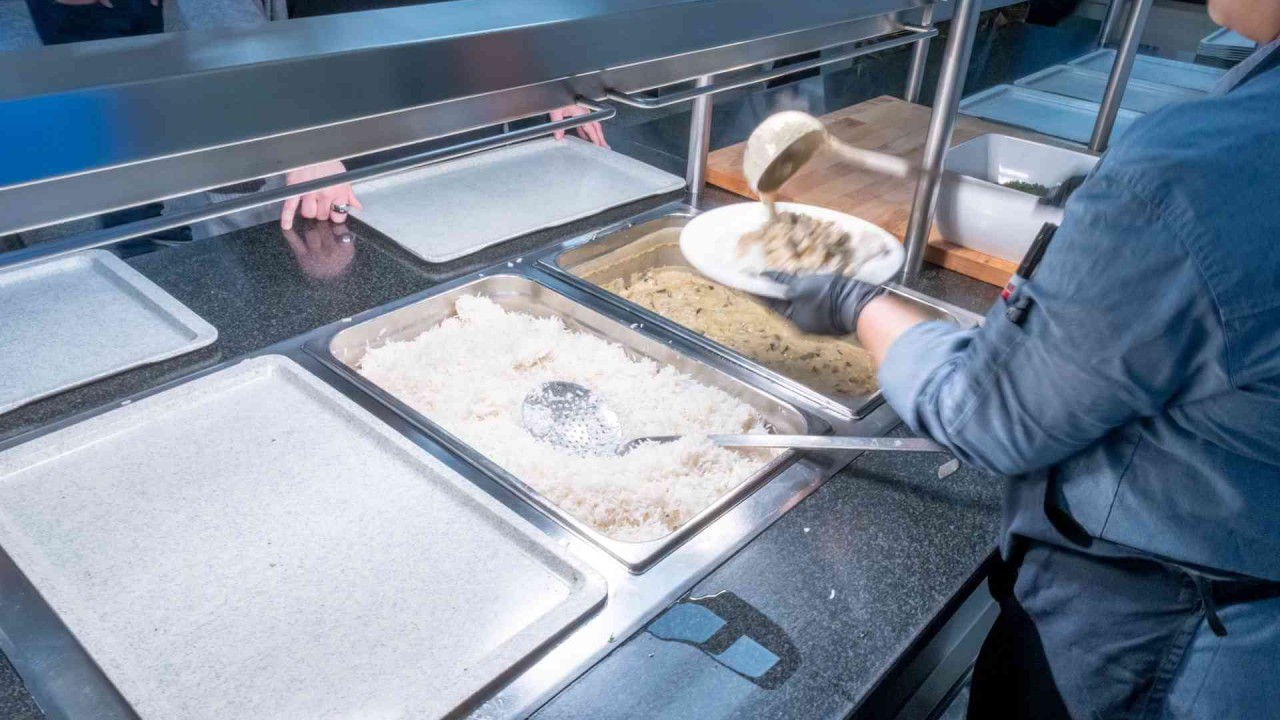 Küchenmitarbeiterin serviert Pilzrahmsoße und Reis auf einem Teller.