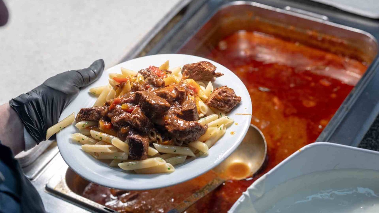 Teller mit Penne und Rindergulasch in kräftiger Tomatensoße.