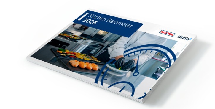 Brochure Kitchen Barometer 2026 di RATIONAL e Statista con chef che impiatta in cucina professionale.