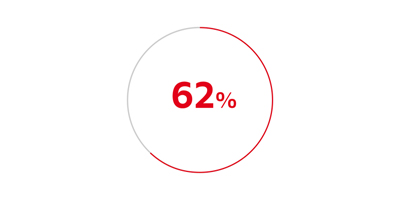 Grafico circolare con 62% in rosso.