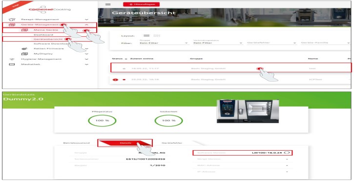 Interfaccia RATIONAL ConnectedCooking con versione software visibile nei dettagli del dispositivo.