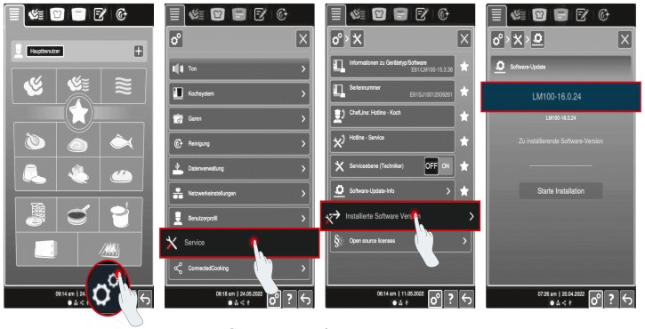 Séquence d’écran du système de cuisson RATIONAL affichant la version installée et disponible du logiciel.