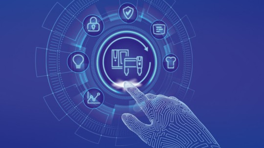 Hand touching a digital interface with icons on a blue background.