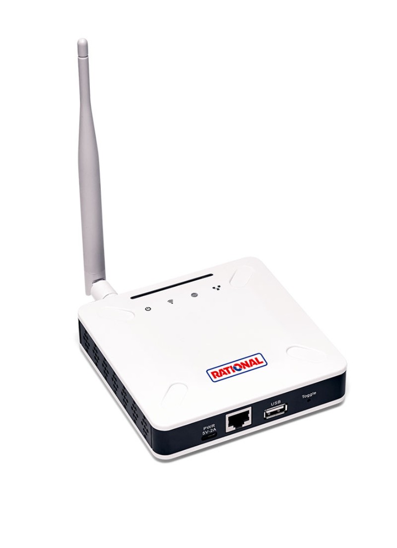 Ein Rational-WLAN-Gateway-Gerät mit Antenne, Ethernet-Anschluss und USB-Verbindung auf weißem Hintergrund.