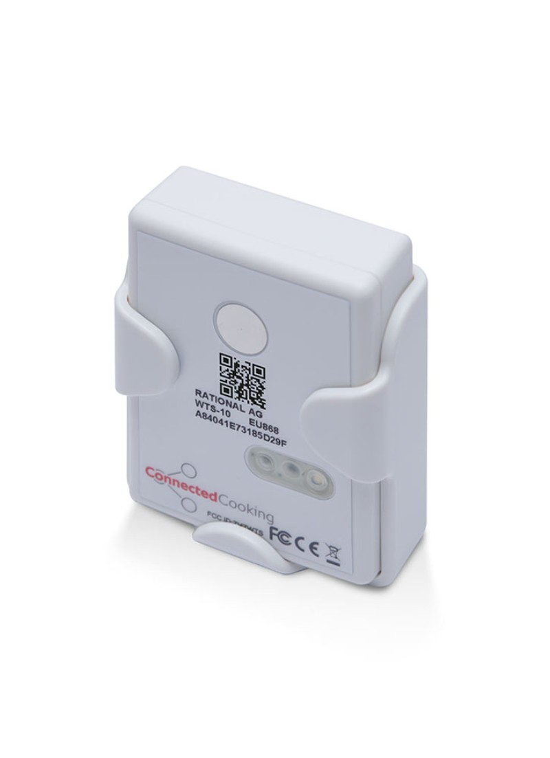 Ein Connected Cooking-Sensorgeät mit QR-Code und Anzeigeleuchten, das für die Verwendung mit Rational-Geräten entwickelt wurde.