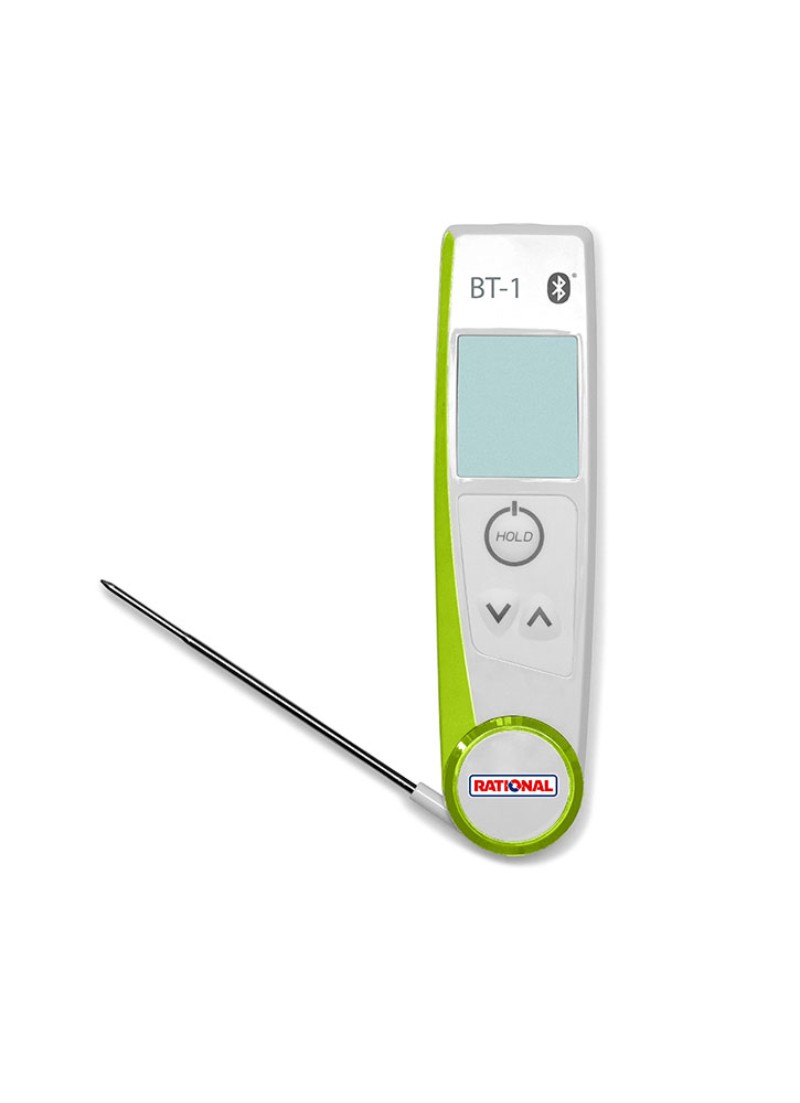 Ein Rational BT-1 Bluetooth-Thermometer mit einem Display und einer Metallsonde, das für präzise Temperaturmessungen entwickelt wurde.