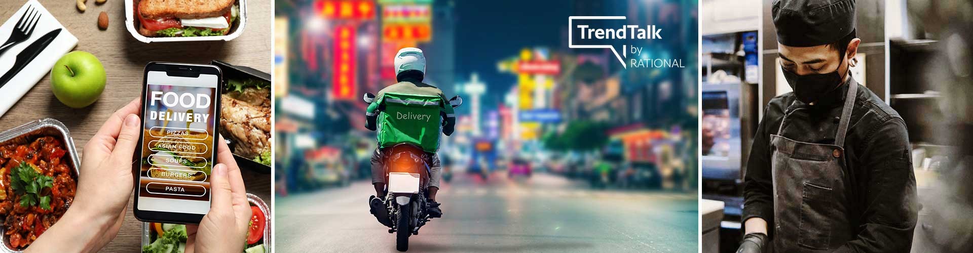 Phone showing food delivery, delivery rider in city, and a chef with black mask working.